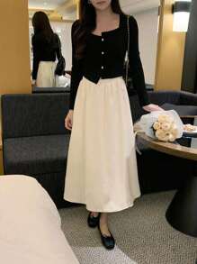 DAZY Women 2024 New Fashion Crew Neck Long Sleeve 2 In 1 Dress, Stylish Design, Slim Fit,Fall Women Clothes - Black - View 6