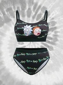 Rick and Morty X SHEIN Conjunto de sujetador y calzón cómodo con estampado de dibujos animados para mujer