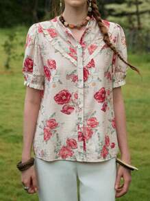 Florisole 女式波西米亚花卉印花蕾丝细节宽松立领泡泡袖衬衫，春夏 - 彩色 - 查看 5