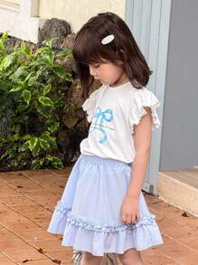 SHEIN Young Girl Casual Bowknot Ruffle Sleeve T-Shirt/Mini Skirt Set - Blue and White - View 4
