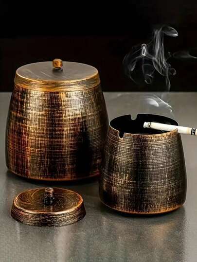 1pc Vintage Bronze Color Ashtray With Lid, Windproof Odorless Ashtray For Outdoor Use, Home Decor Ashtray, Gift For Friends, 3 Size Options Birthday Gifts Graduation