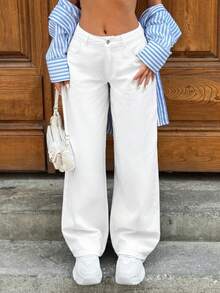 EURMUSE 女士宽松低腰阔腿日常休闲牛仔裤 - 白色 - 查看 4