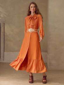 MOTF PREMIUM TIE NECK RUFFLE HEM LONG DRESS - Rust Brown - View 6