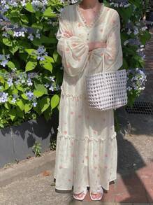 DAZY Damen lang Blümchen Laternärmel Taillenzugband Patchwork Farbblock süßes Boho Urlaubs Kleid