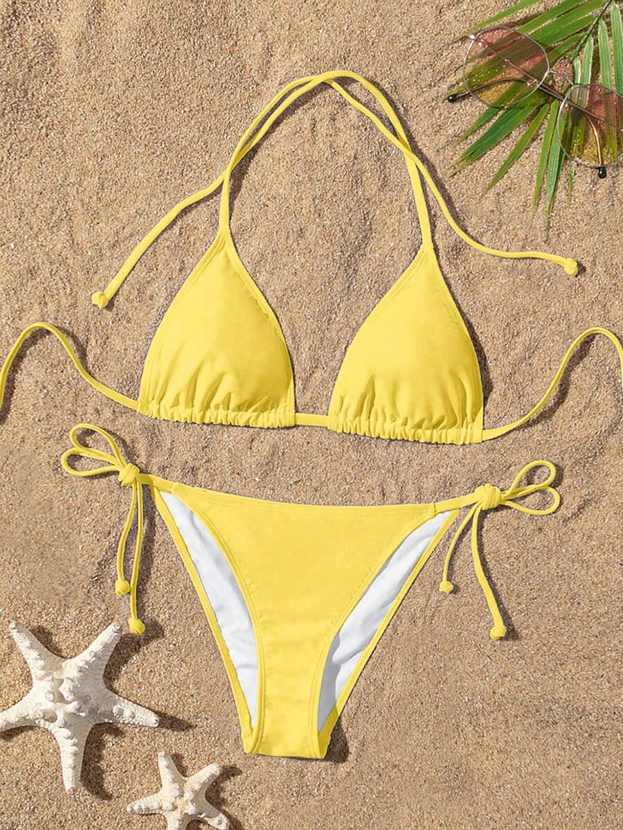 Swim Mod 2pcs Women's Halter Neck Solid Triangle Bikini Set, Summer Beach Swimwear - Yellow - View 1