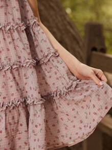 WESTFADE Robe mini babydoll vaporeuse à col carré avec volants et volants, imprimé floral marguerite, style bohème, cowgirl et de plage pour l'été - Rose bonbon - Voir 4