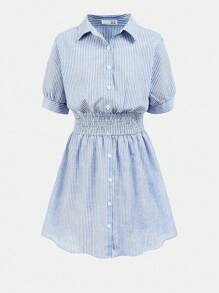 Girlism TEENGIRL Blue & White Striped Short Sleeve College/Commute Style Shirt Dress - Blue and White - View 3