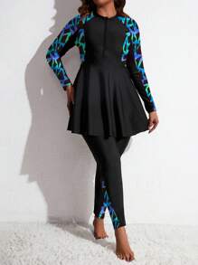 Swim Mulvari Bộ đồ bơi Burkini 2 mảnh size lớn, áo dài tay casual và quần legging cho kỳ nghỉ bãi biển mùa hè - màu đen - Xem 4