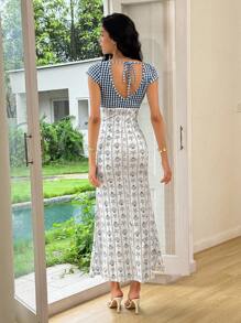 Rafferiza Women's Deep V-Neck Cap Sleeve Plaid Patchwork Print Elegant Sexy Beach Holiday Everyday Maxi Dress, Blue