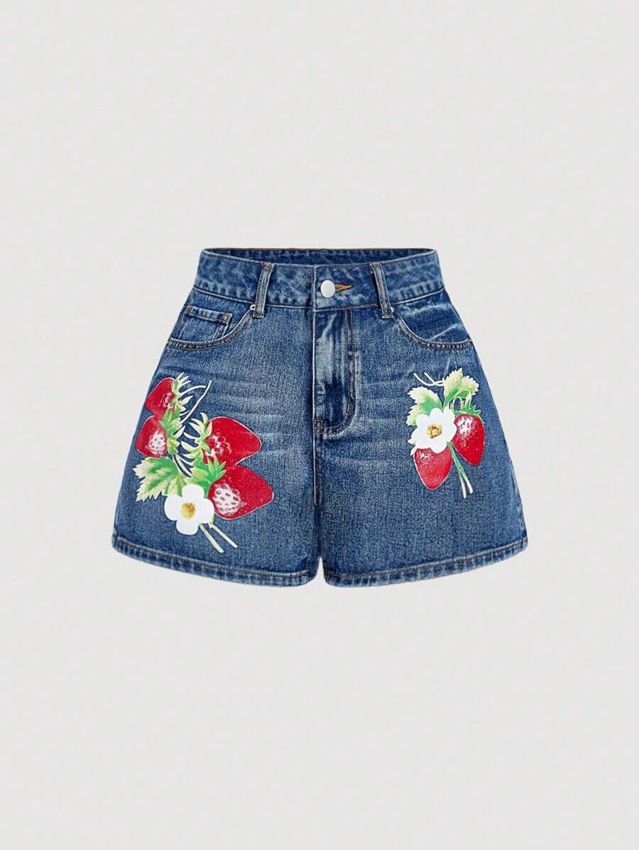 SHEIN MOD Quần short denim in họa tiết dâu tây có túi dành cho nữ, dễ phối đồ - Rửa nhẹ - Xem 1
