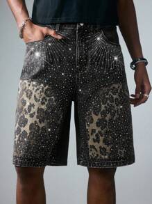 ROMWE MEN Street Life Men's Summer Fashion Leopard Print Denim Shorts With Rhinestones - Black - View 1