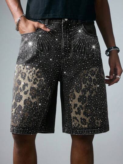 Grunge Punk Men's Summer Fashion Leopard Print Denim Shorts With Rhinestones