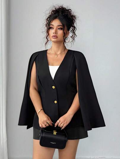 Elenzga 大码时尚复古法式优雅浪漫V领斗篷大衣