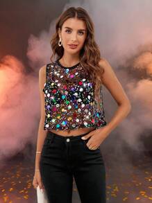 Auralis Top sans manches élégant et confortable pour femmes grandes tailles, printemps et été, avec sequins brillants colorés, noir, transparent, sexy, Y2K, pour sortir, pour femmes en club, pour le rave festival, streetwear pour femmes, Top perlé, été européen, concert pour femmes, concert country