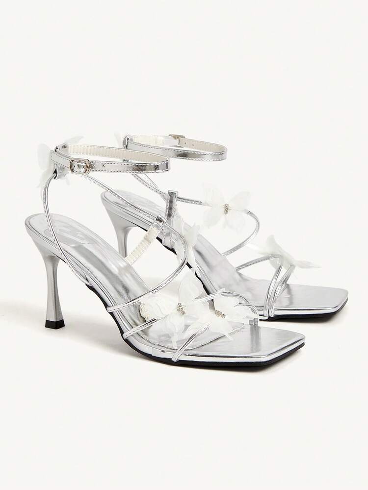 CUCCOO CHICEST Square Toe Thin High Heel Women's Butterfly Decor High Heel Sandals