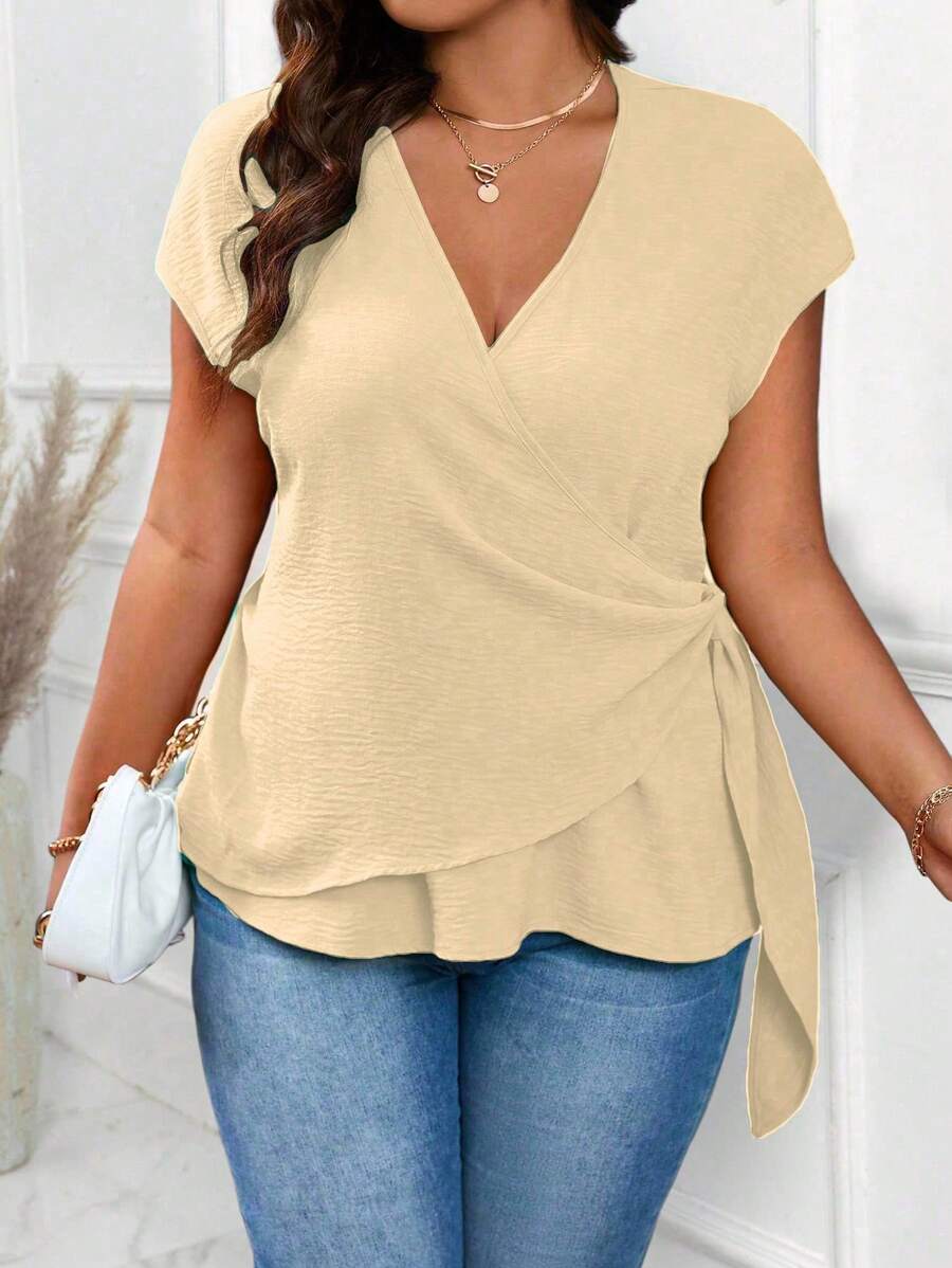 SHEIN Clasi Áo sơ mi đi làm thường ngày tay ngắn vải có họa tiết cỡ lớn, quấn chéo, xoắn bên hông - Màu vàng - Xem 1