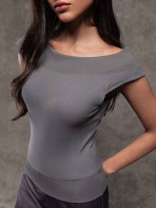 Avenya Women Solid Color Scoop Neck Cap Sleeve Casual T-Shirt, Summer - Grey - View 5