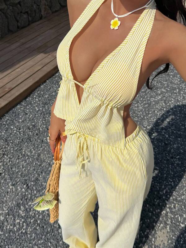 Sunnyshic 2pcs Women Blue & White Striped Suit: Cotton Deep V-Neck Backless Halter Top And High Waist Drawstring Wide Leg Pants, Fashion Casual Vacation Everyday Outfit, Spring/Summer