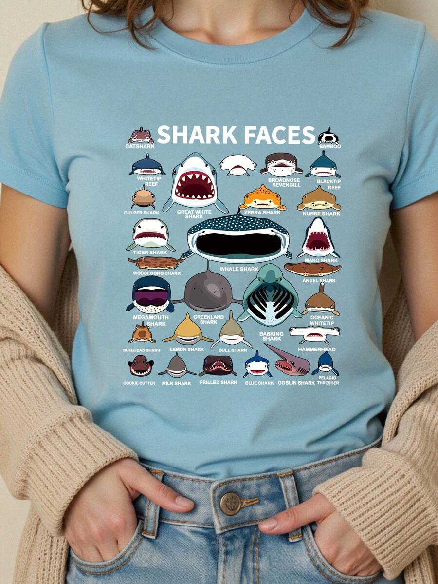 INAWLY 鲨鱼爱好者休闲 T 恤、趣味鲨鱼脸印花 T 恤、鲨鱼物种图案 T 恤、鲨鱼意识圆领短袖 T 恤 - 霧霾藍 - 查看 1