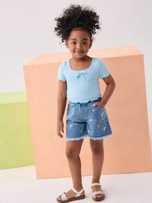 SHEIN Young Girl Lettuce Trim Knot Front Tee
