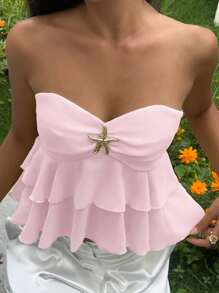 MainGRL Summer Casual Vacation Ruched Chest Metal Ornament Decor Tube Top