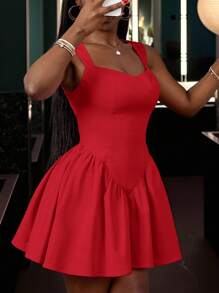 Slaydiva فستان أنيق قصير على شكل قلب بدون أكمام وظهر عاري قصة الأميرة من نوع A - وردي - الأحمر - مشاهدة 3