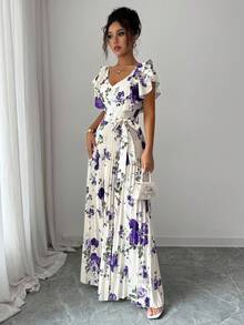 Elenzga V-Neck Digital Print Vacation Style Ruffle Waist Flared A-Line Elegant Romantic Ladies Dress - Multicolor - View 5