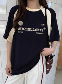 DAZY 女式圆领短袖拼布T恤夏季，图案T恤 - 藏蓝色 - 查看 4