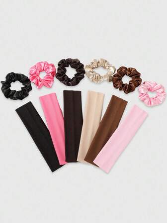 Kawaii 12pcs/Set Girls Simple Solid Color Casual Headbands + Hair Ties Hair Accessories, Suitable For Daily Life And School Sports