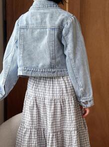 Girls Casual Distressed Denim Bomber Jacket, Soft Washed Lightweight Chic Streetwear For Summer - Medium Wash - View 2