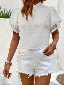 SHEIN LUNE New Summer Vintage Chinese Style Button Mandarin Collar Ruffled Lace Chiffon Blouse - Apricot - View 5