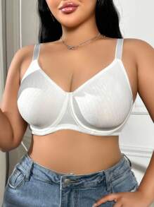 DesireSculpt Plus Size Simple Thin Underwire Wireless Bra, Lift And Gather, Without Padding White Bra Plus Size Bra Cute Bra White Ribbed Bra Full Coverage Bra - White - View 5