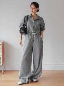 Dazy-Less Conjunto informal de 2 piezas para mujer para primavera/verano - Blusa holgada a rayas/cuadros y pantalones rectos para oficina/vacaciones, conjunto de ropa de estar en casa para mujer de negocios casuales - Blanco y Negro - Ver 2