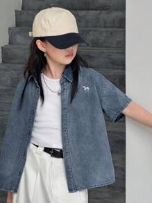 Dazy Kids Tween GirlsTurndown Collar Animal Embroidery Short Sleeve Denim Top