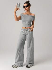 SHEIN ICON 宽松腰蕾丝褶饰休闲运动裤 - 淺灰色 - 查看 3