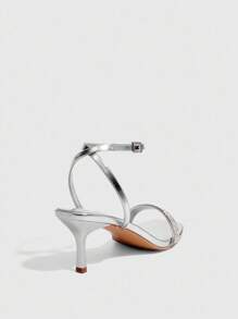 CUCCOO SZL Women's Silver Metallic PU Silver Rhinestone Decor Strap Square Toe Kitten Heels, Fashionable Sexy Glamorous Party Clubwear High Heel Sandals