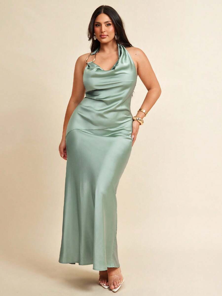 Vestidos De Mujer Con Cuello Drapeado De Satén Fruncido, Vestido Ajustado Para Mujer, Rosa Encendido