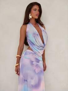 Aloruh Women's Elegant Sexy Beach Vacation Backless Suit Country Music Festival Concert Halter Neck Top + Long Skirt 2pcs/Set Women Purple Printed Outfit,Can Be Worn With A Bikini - Multicolor - View 6