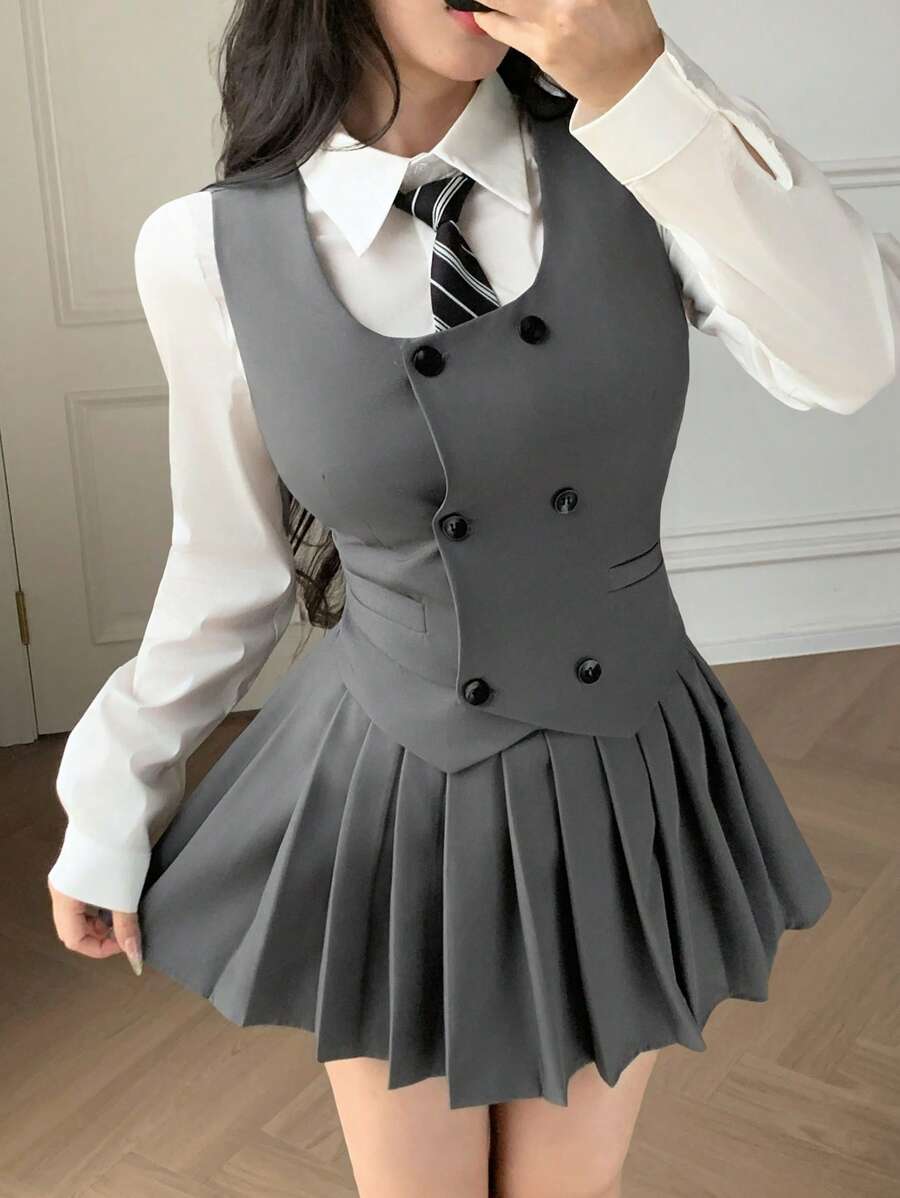 DAZY 女式学院风针织背心开衫衬衫和百褶裙两件套，适合春夏秋季、返校季和毕业季 - 灰色 - 查看 1