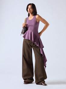 LYSMO Áo không tay bèo nhún bất đối xứng denim cho nữ - Màu tím - Xem 3