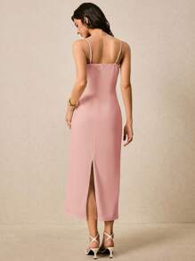 Poéselle Đầm dài dây mảnh họa tiết hoa 3D thanh lịch cho nữ, màu trơn, mùa hè - Hồng - Xem 4