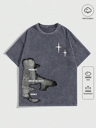Street Life T-shirt à col rond vintage effet lavage acide pour hommes, pour un style de rue , pour un port casual au quotidien, au printemps/été