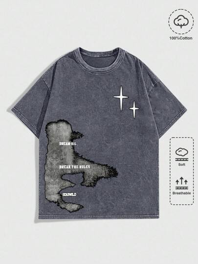 Grunge Punk Camiseta de cuello redondo con lavado ácido vintage de alta calle para hombres, uso casual diario, primavera/verano