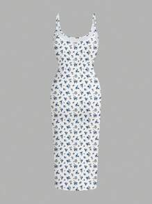 SHEIN EZwear Robe longue minimaliste décontractée à imprimé intégral et coupe ajustée, convient pour l'été, petit imprimé floral