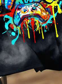 青少年男孩休闲简约卡通游戏图案圆领短袖T恤，适合夏季 - 彩色 - 查看 5