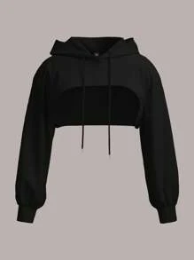 SHEIN EZwear 大码黑色针织超短款连帽衫