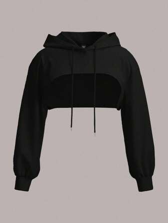 SHEIN EZwear sweat-shirt à capuche noir tricoté super court pour grandes tailles