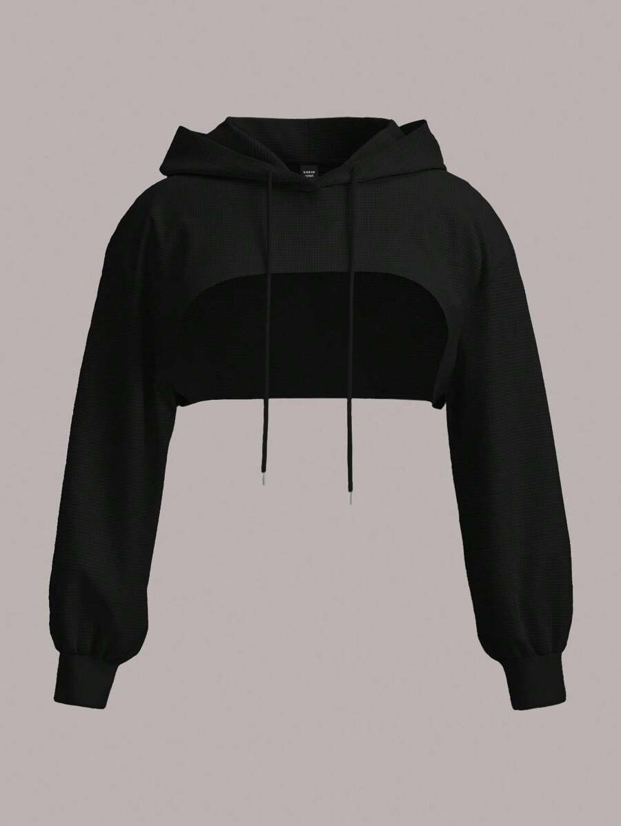 SHEIN EZwear 大码黑色针织超短款连帽衫