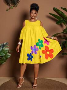 Maweii 大码休闲圆领露肩卡通花朵印花迷你连衣裙，适合夏季和假日 - 黃色 - 查看 4