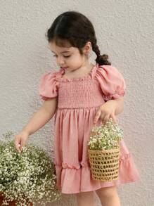 Blossori Baby Girls' Countryside Resort Style Pink Puff Sleeve Dress - Pink - View 5